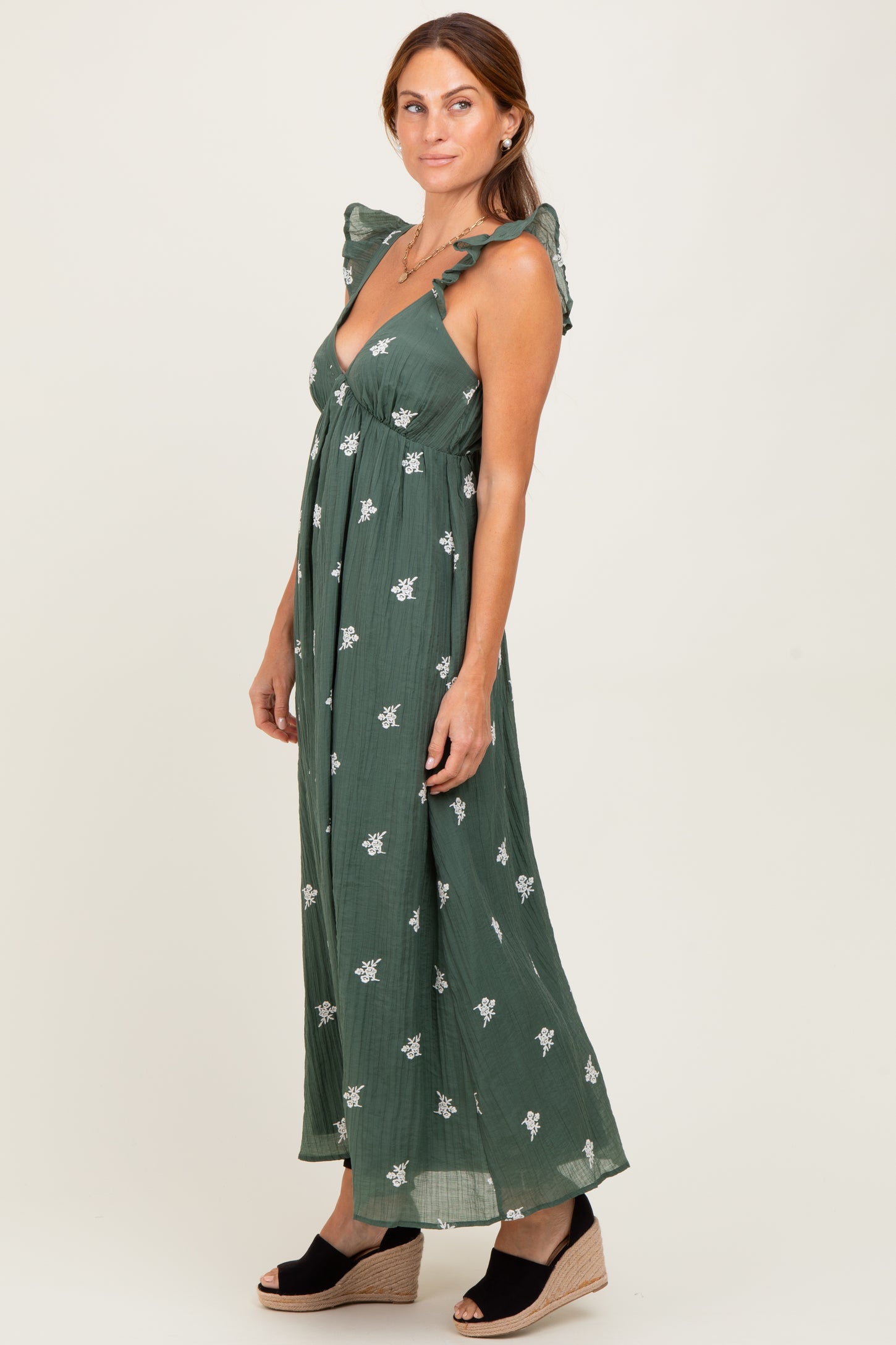 Forest Green Floral Embroidered V-Neck Midi Dress