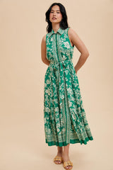 Green Floral Border Print Lapel Button Down Maternity Maxi Dress