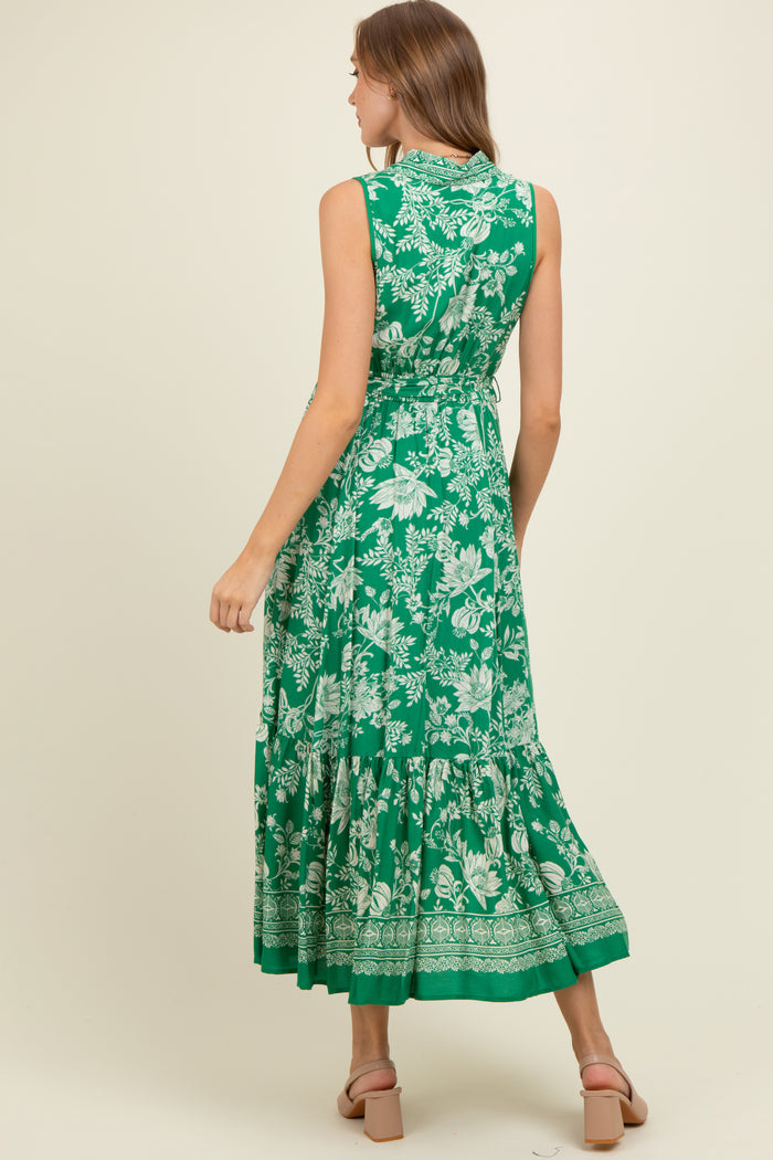 Green Floral Border Print Lapel Button Down Maternity Maxi Dress