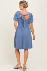 Blue Square Neck Puff Sleeve Rib Babydoll Dress