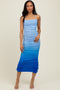 Blue Mesh Ombre Ruched Midi Dress