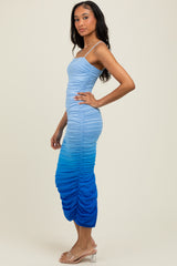 Blue Mesh Ombre Ruched Midi Dress