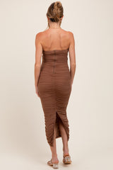 Mocha Mesh Strapless Ruched Maternity Maxi Dress