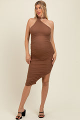 Mocha Mesh Draped Scarf Ruched Maternity Midi Dress