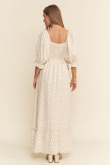 Beige Floral Print Square Neckline Maxi Dress