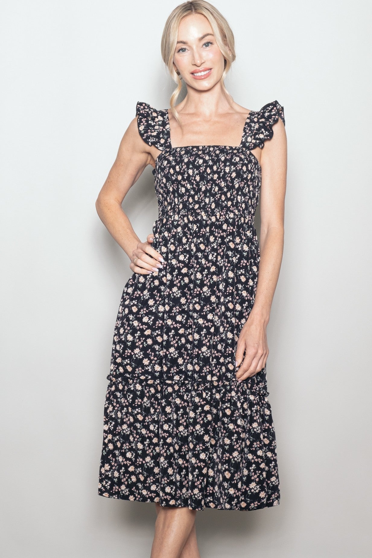 Black Floral Smocked Ruffle Strap Midi Dress