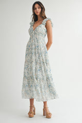 Blue Floral V-Neck Ruffle Strap Tiered Maternity Midi Dress