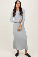 Grey Ribbed Long Sleeve Sweater Midi Dress