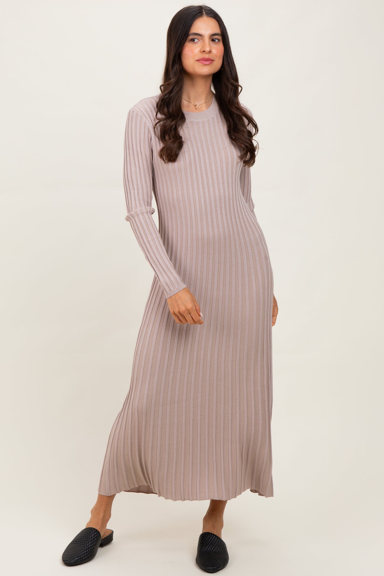 Beige Ribbed Long Sleeve Sweater Midi Dress