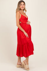 Red Ruffle Accent Sleeveless Maternity Midi Dress