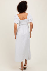 White Popcorn Smocking Bubble Sleeve Midi Dress