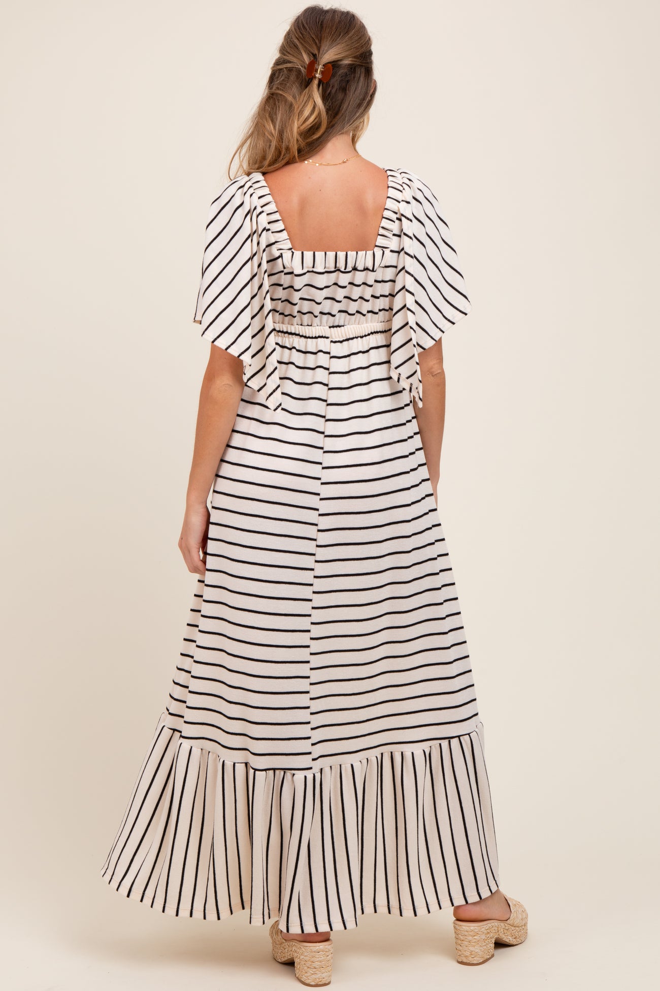 Cream/ Black Stripe Knit Flutter Sleeve V-Neck Tiered Maternity Maxi Dress