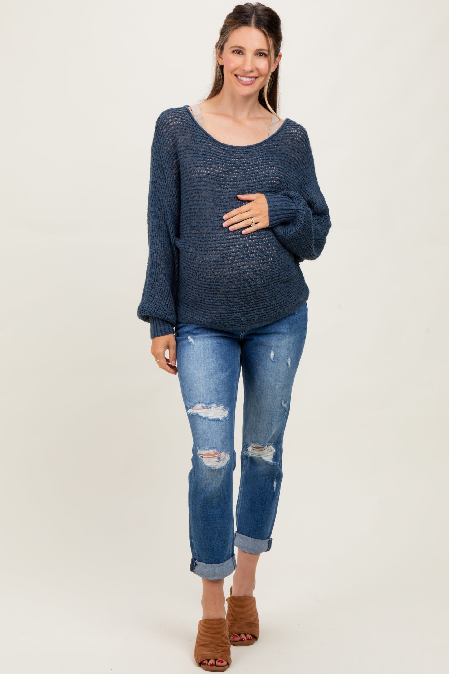 Navy Open Crochet Knit Wide Neck Maternity Sweater