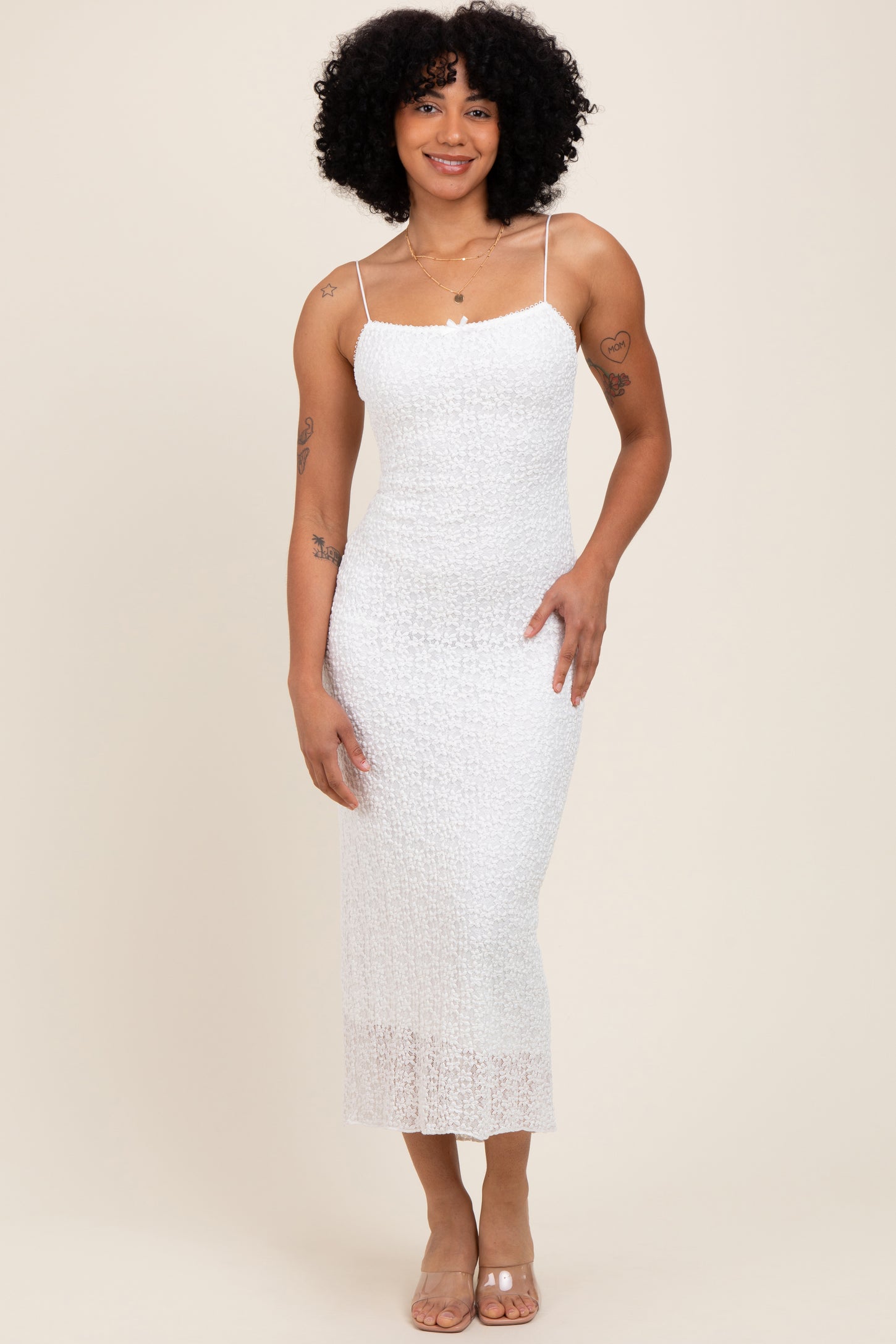 White Lace Fitted Sleeveless Maternity Midi Dress