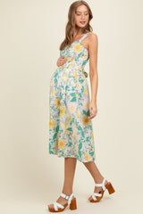 Green Floral Button Front Sash Tie Maternity Midi Dress