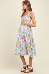 Ivory Floral Button Front Sash Tie Maternity Midi Dress