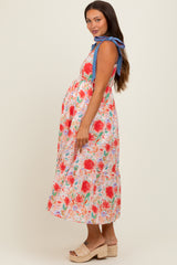 Red Floral Contrast Shoulder Tie Maternity Midi Dress