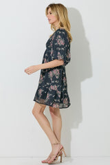 Black Floral Striped V-Neck Cutout Mini Dress