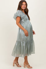 Light Olive Organza Puff Sleeve Maternity Midi Dress