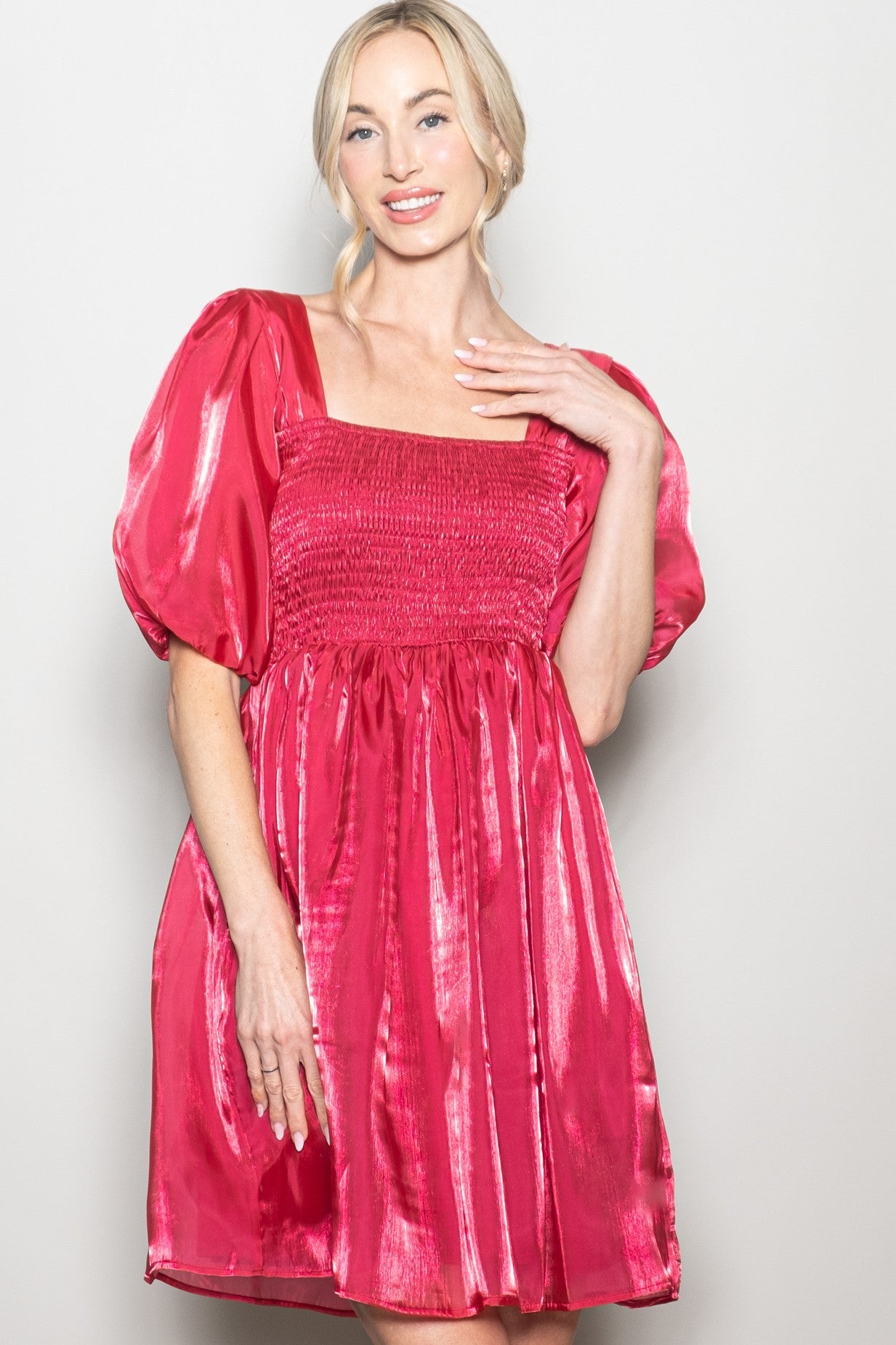 Red Organza Smocked Puff Sleeve Maternity Mini Dress