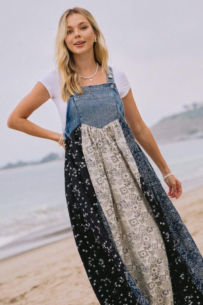 Blue Floral Colorblock Print Denim Contrast Dress