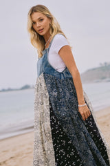 Blue Floral Colorblock Print Denim Contrast Dress
