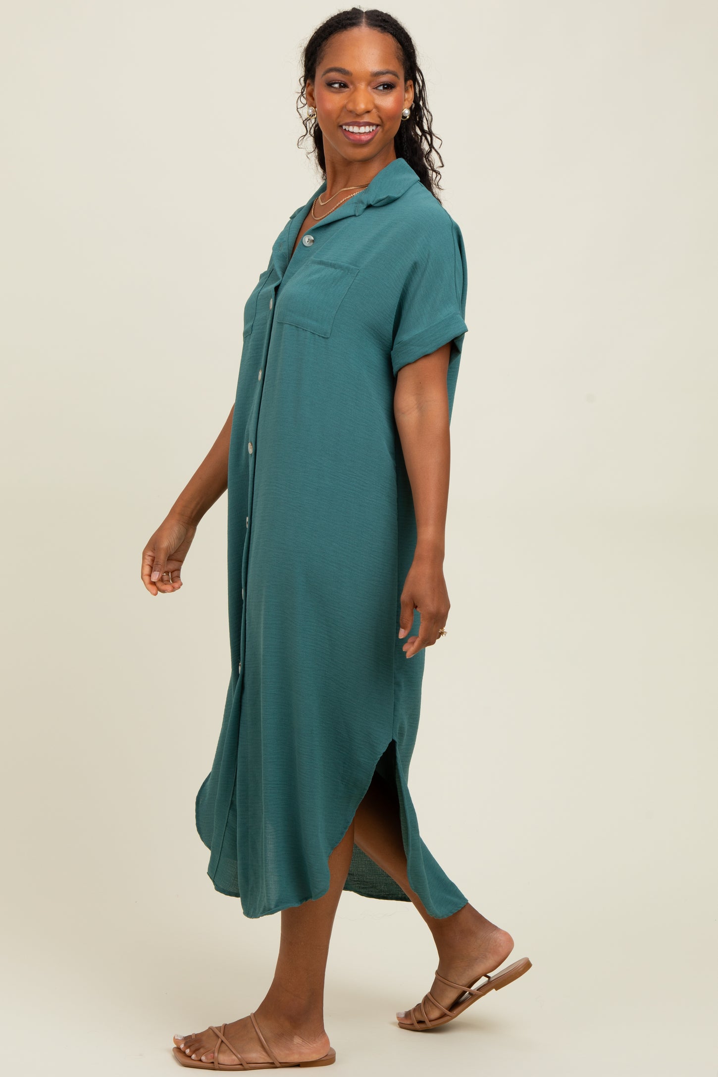 Teal Button Down Hi Low Maxi Dress