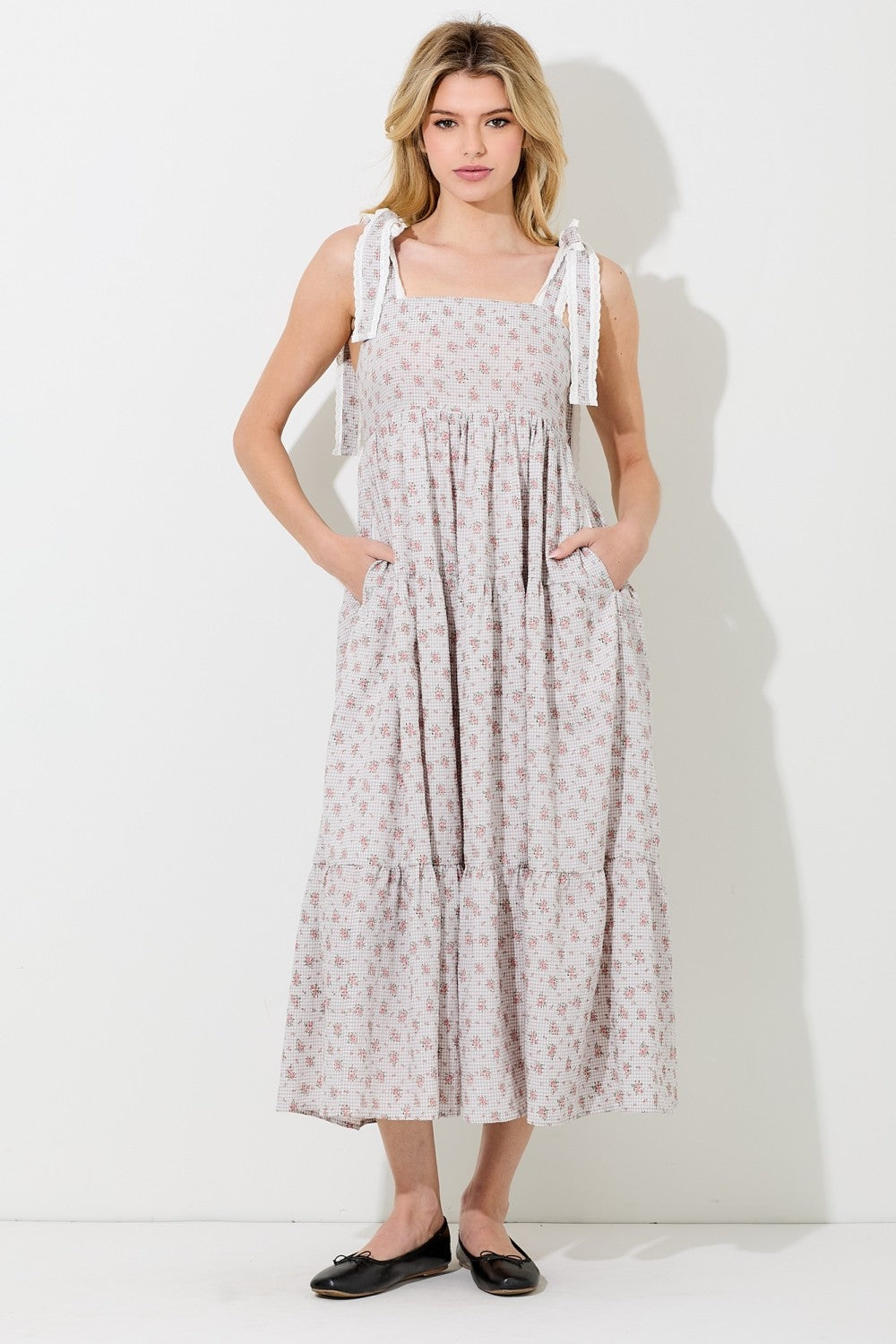 Light Taupe Floral Gingham Shoulder Tie Midi Dress