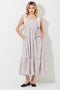 Light Taupe Floral Gingham Shoulder Tie Midi Dress