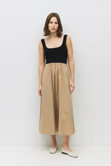 Beige Black Contrast Knit Poplin Sleeveless Maternity Midi Dress