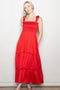 Red Satin Smocked Shoulder Tie Maxi Dress