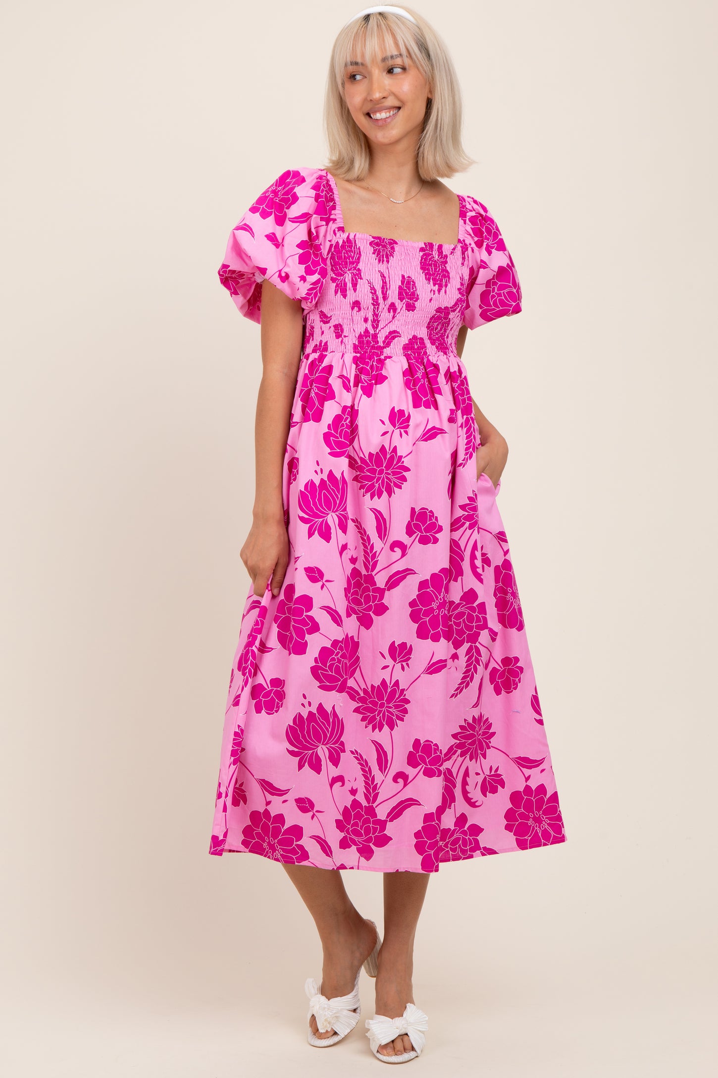 Pink Floral Smocked Puff Sleeve Midi Dress