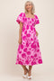 Pink Floral Smocked Puff Sleeve Midi Dress