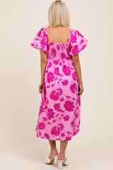 Pink Floral Smocked Puff Sleeve Midi Dress