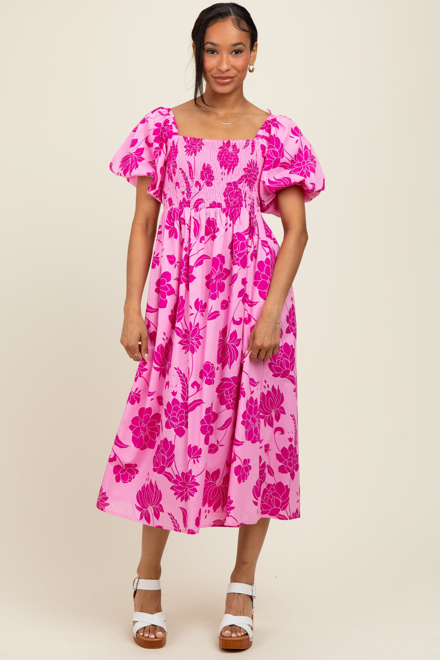 Pink Floral Smocked Puff Sleeve Midi Dress