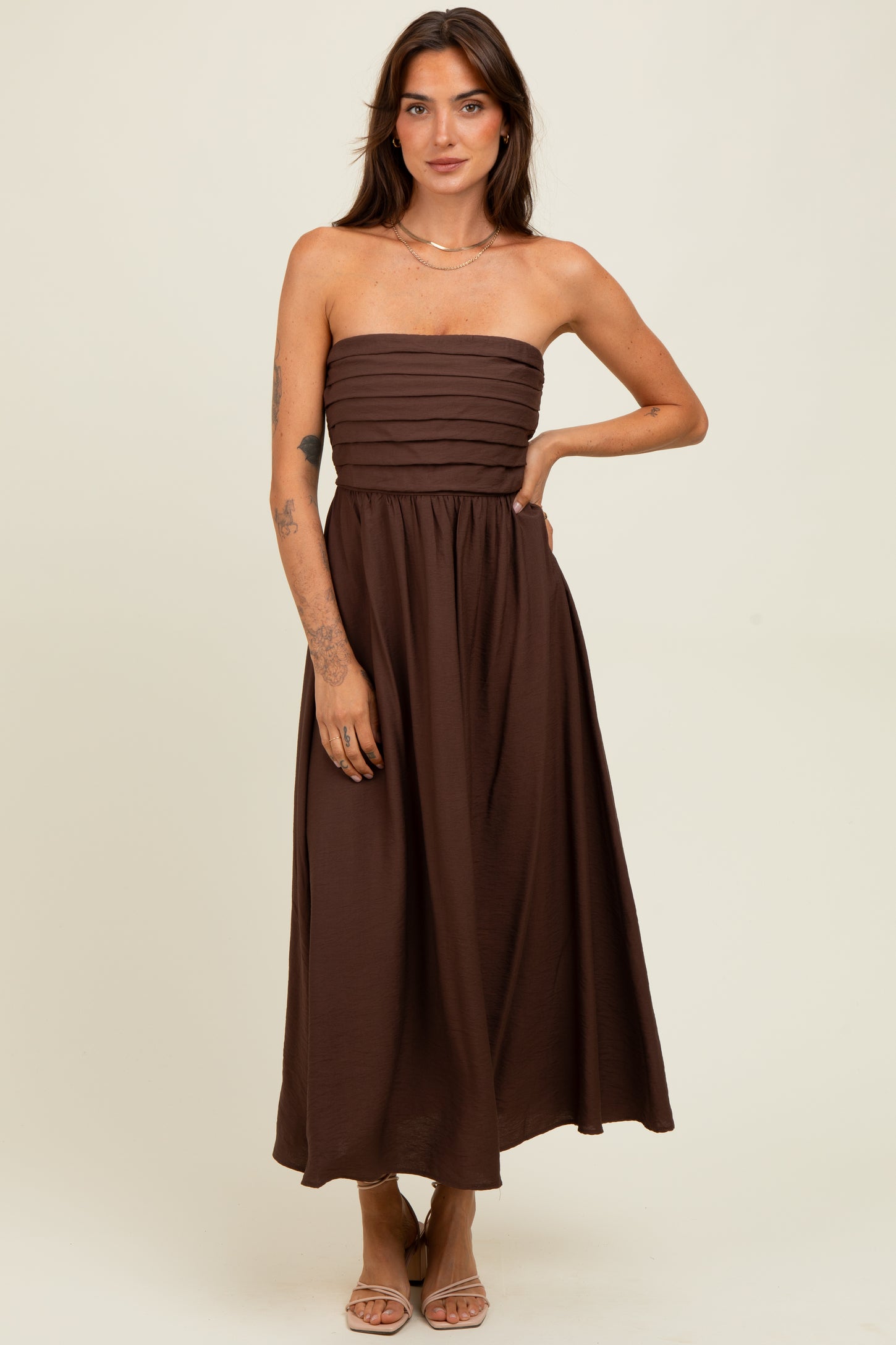 Brown Pleated Bodice Strapless Maternity Midi Dress