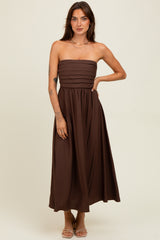 Brown Pleated Bodice Strapless Maternity Midi Dress