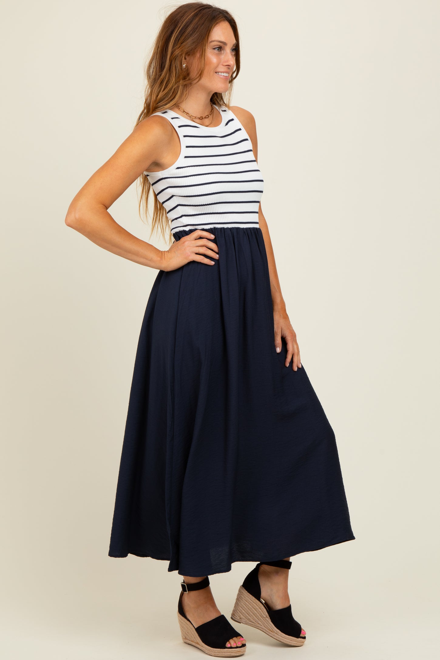 Ivory Contrast Striped Knit Sleeveless Midi Dress