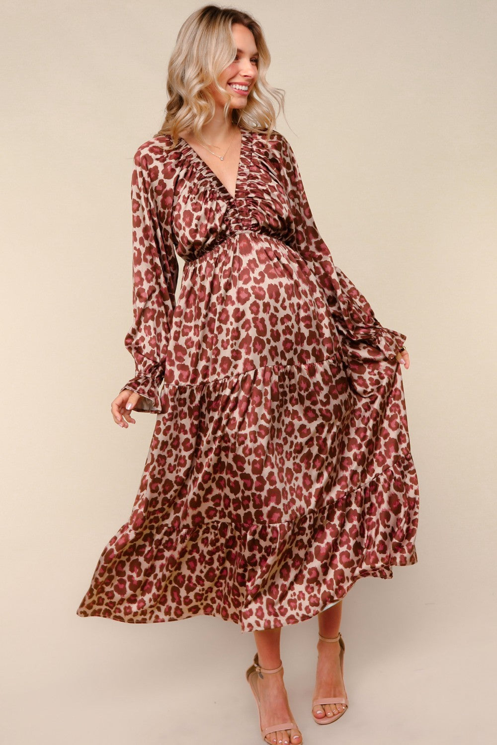 Taupe/Rust Satin Leopard Tiered Side Pocket Maxi Dress