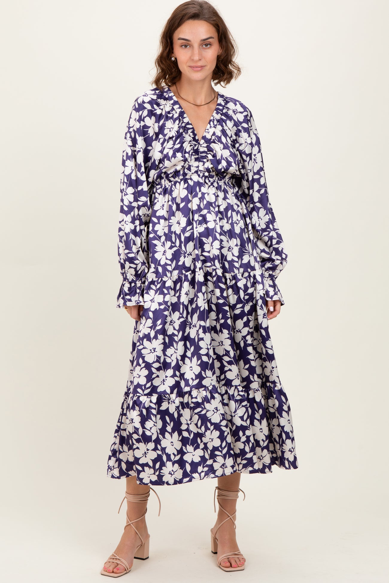 Navy Floral Tiered Ruched V-Neck Satin Maternity Maxi Dress