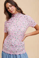 Pink Floral Ruffle Mock Neck Short Sleeve Top