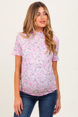 Pink Floral Ruffle Mock Neck Maternity Short Sleeve Top