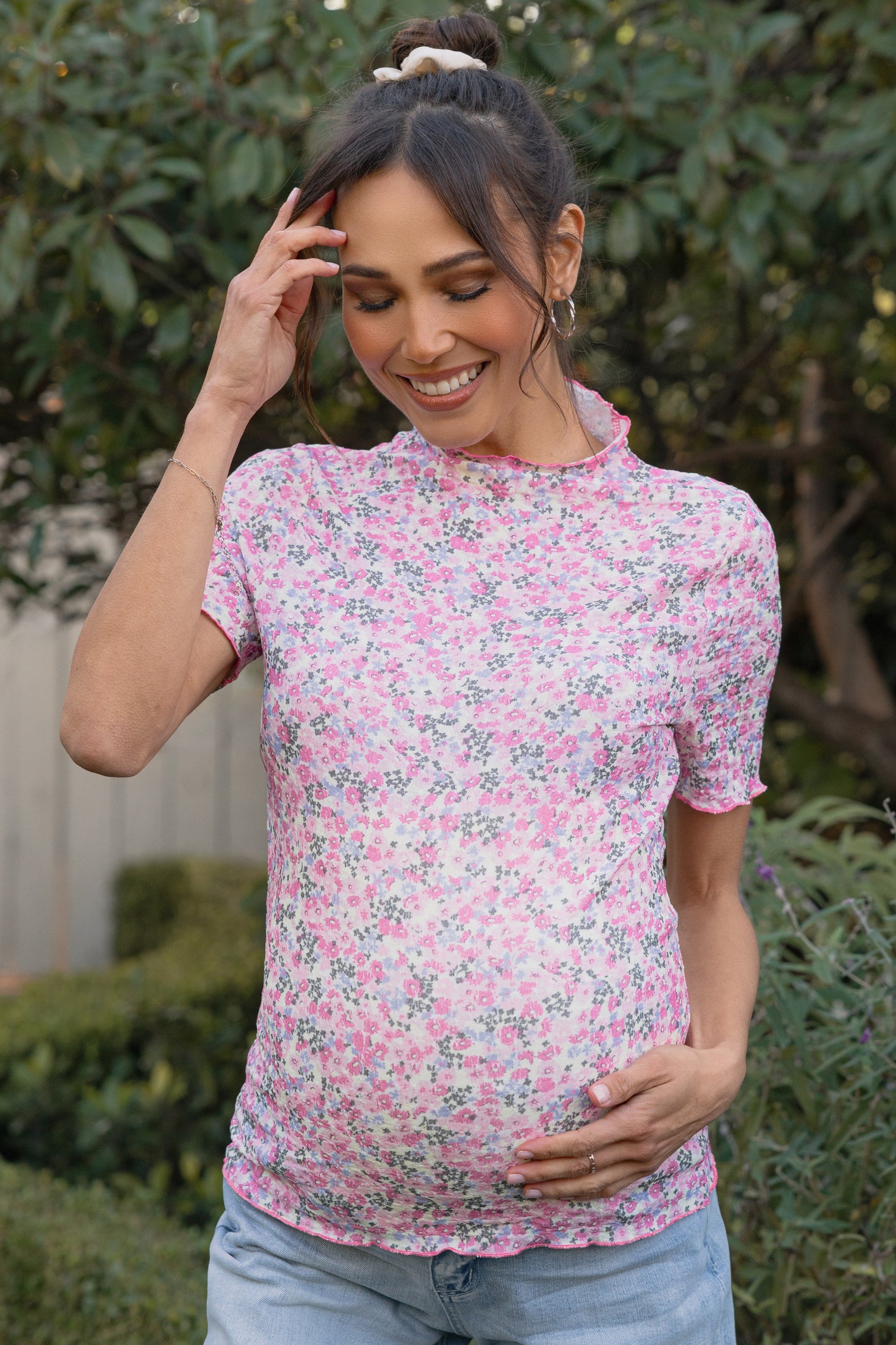 Pink Floral Ruffle Mock Neck Maternity Short Sleeve Top