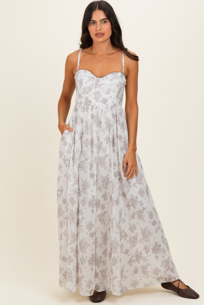 Ivory Cotton Floral Bustier Maxi Dress