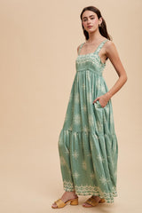 Mint Border Print Sleeveless Tiered Maxi Dress