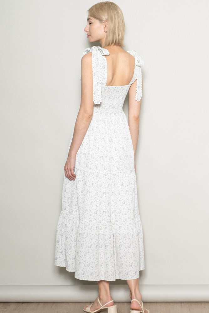 Ivory Floral Lace Trim Shoulder Tie Maxi Dress