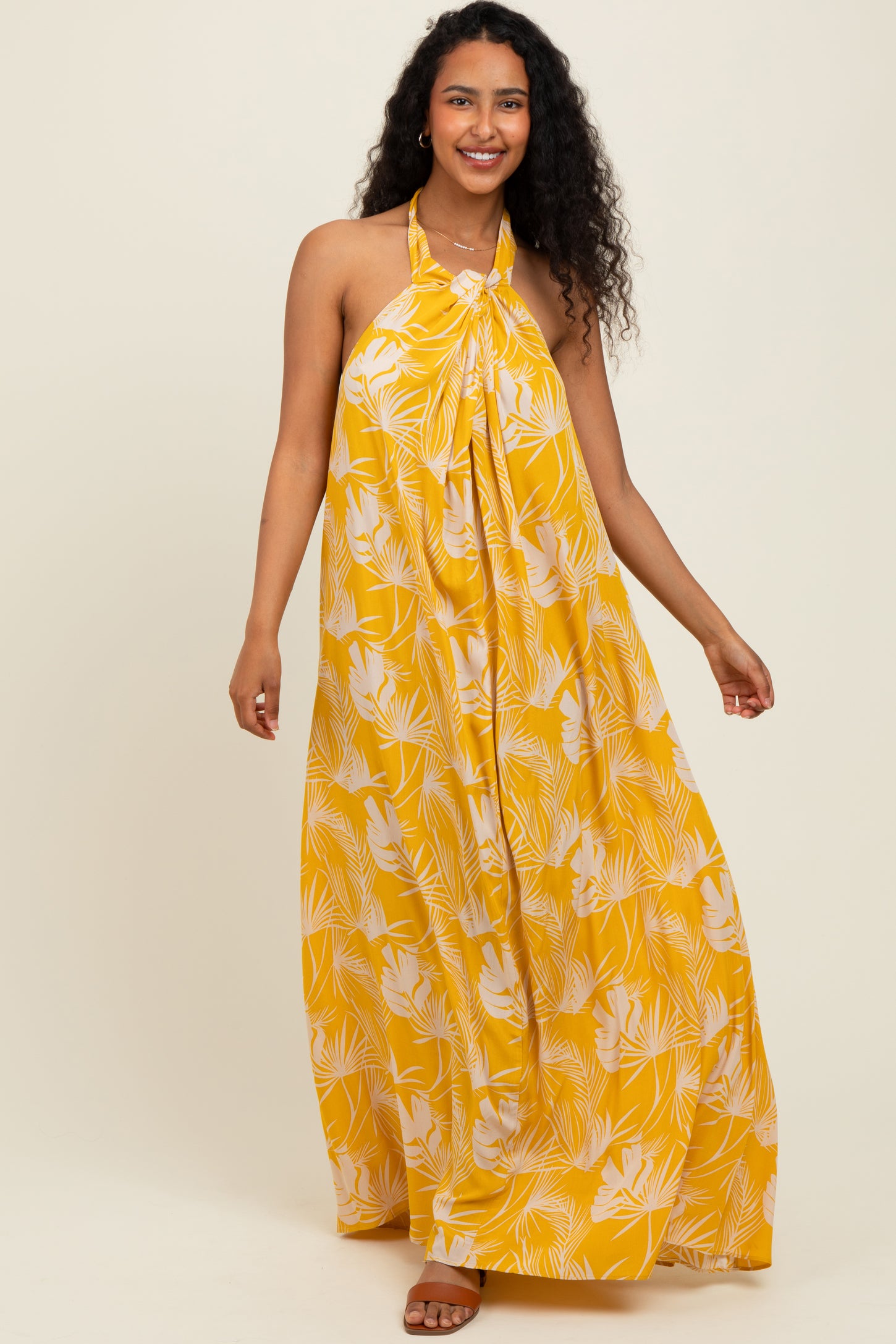 Yellow Leaf Print Halter Open Back Maternity Maxi Dress