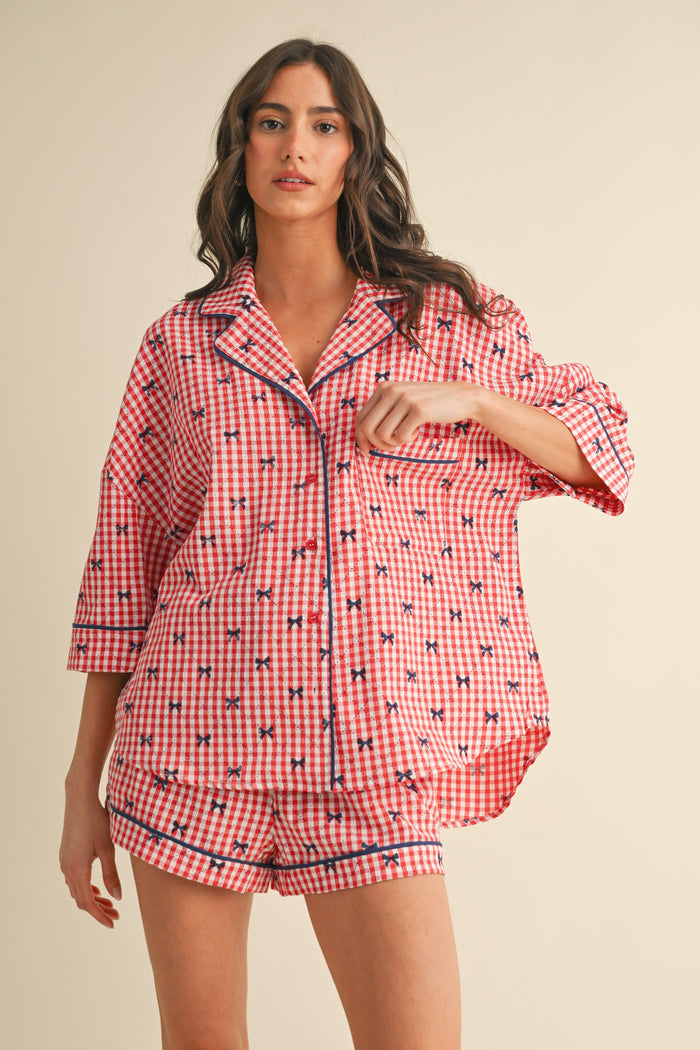 Red Bow Print Gingham Pajama Short Maternity Set