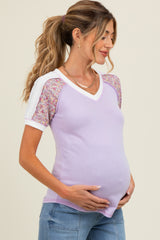 Lilac Floral Contrast Short Sleeve Maternity Top
