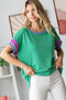 Green Ribbed Colorblock Detail Short Sleeve Top